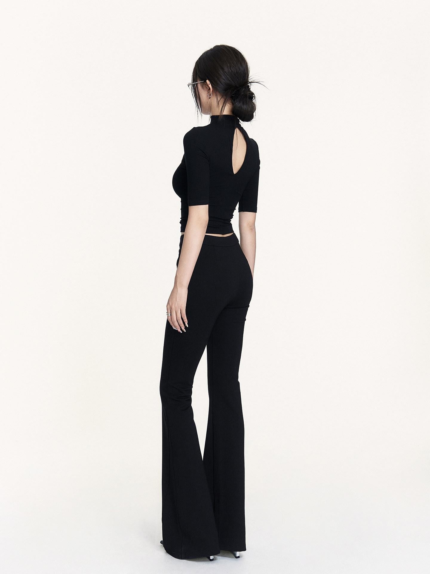 VOCK Black Cross Zipper Slim Mid Rise Women's Cotton Blend Micro Stretch Flare Pants