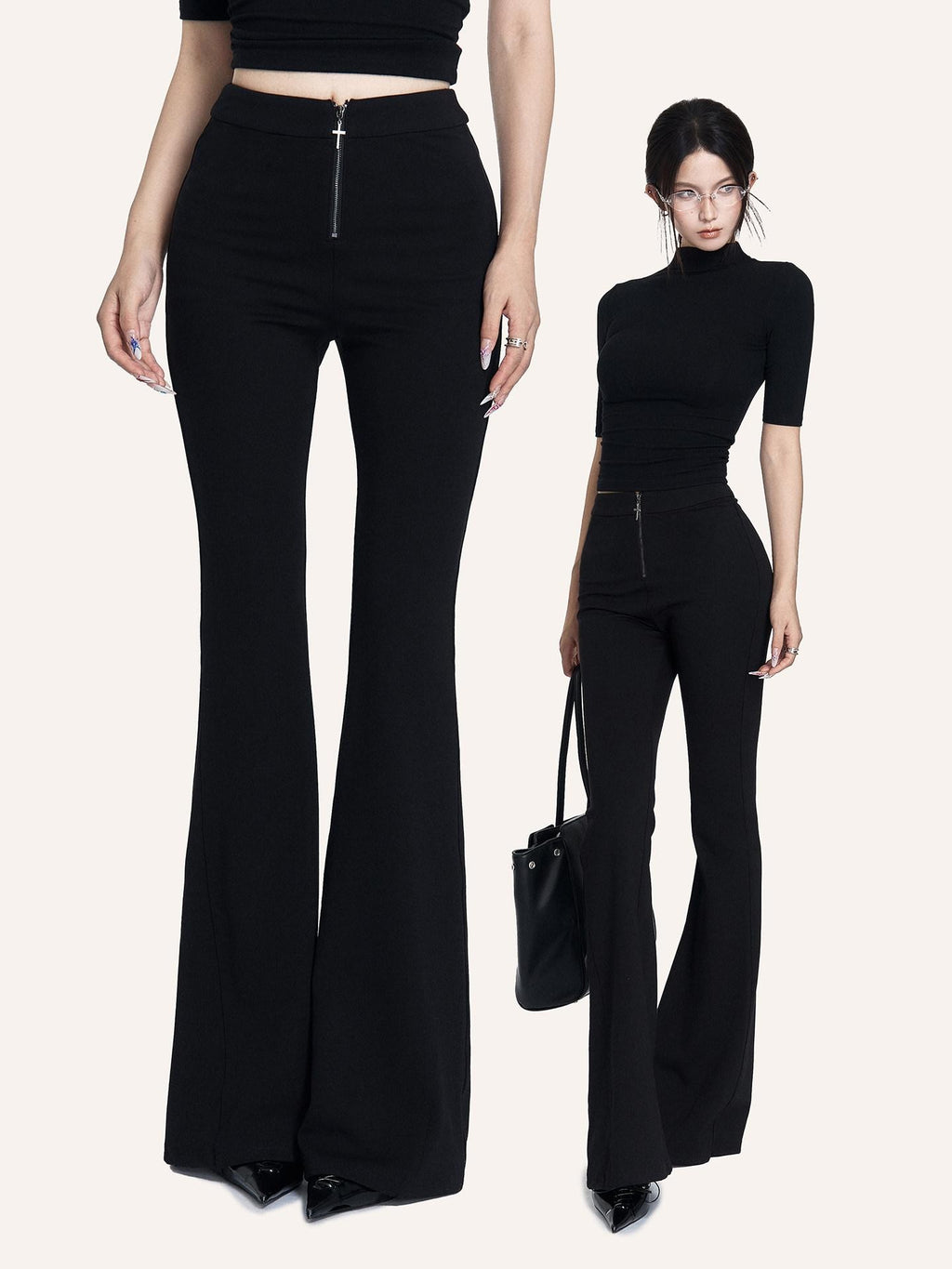 VOCK Black Cross Zipper Slim Mid Rise Women's Cotton Blend Micro Stretch Flare Pants