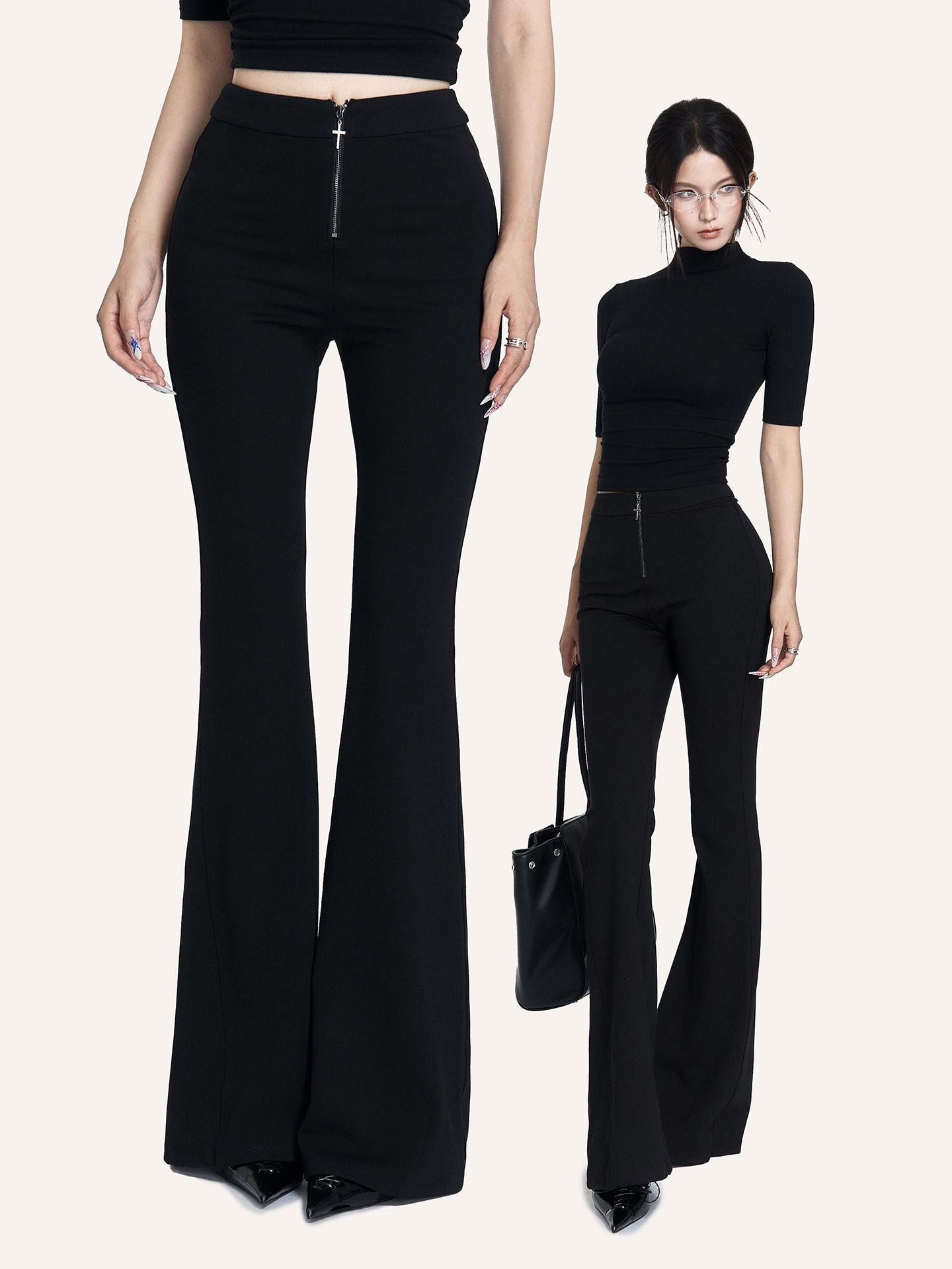 VOCK Black Cross Zipper Slim Mid Rise Women's Cotton Blend Micro Stretch Flare Pants