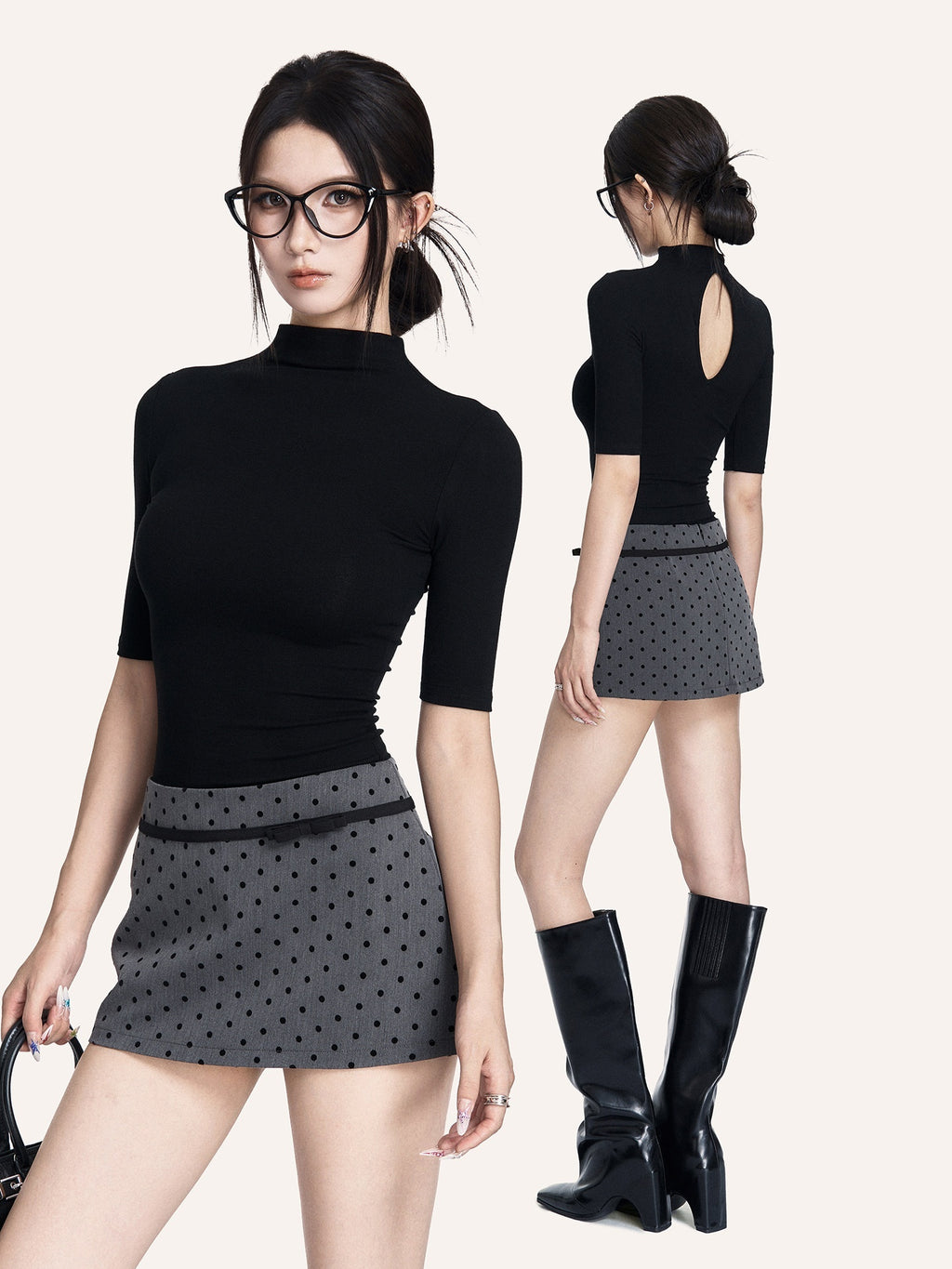 VOCK_Black_Cutout_Mock_Neck_Elbow_Sleeve_Women's_Cotton_Slim_T-shirts_965567092755_MISSTT