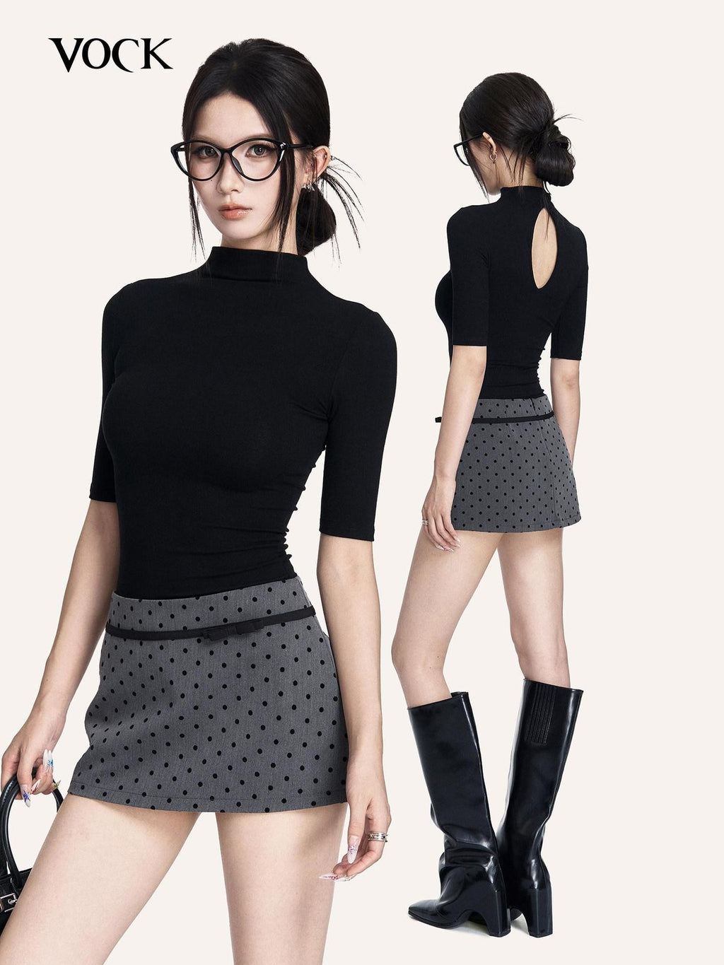 VOCK Black Cutout Mock Neck Elbow Sleeve Women's Cotton Slim T-shirts
