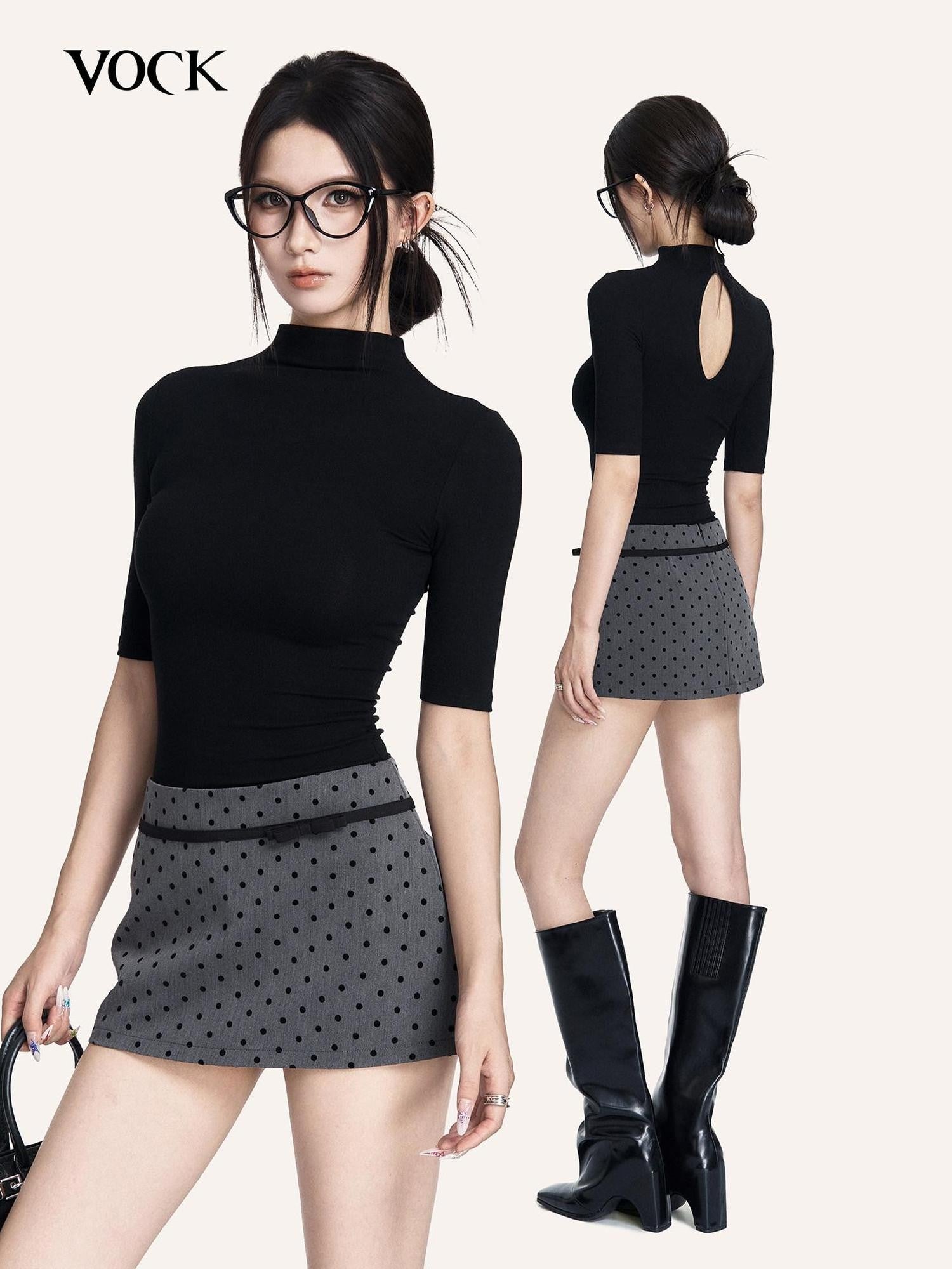 VOCK Black Cutout Mock Neck Elbow Sleeve Women's Cotton Slim T-shirts