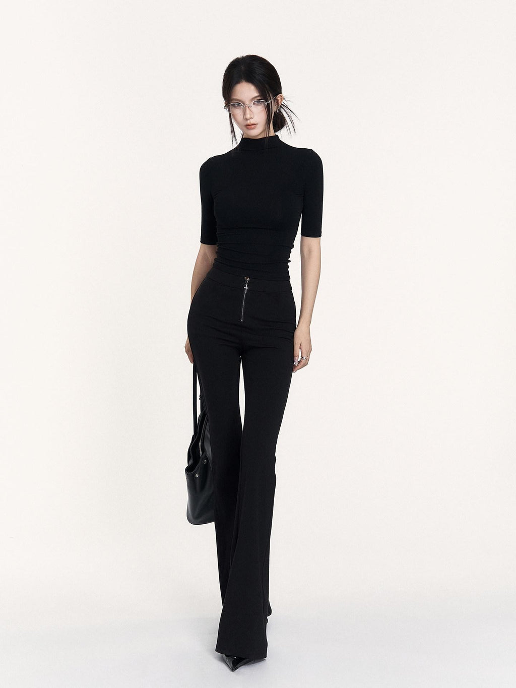 VOCK Black Cutout Mock Neck Elbow Sleeve Women's Cotton Slim T-shirts
