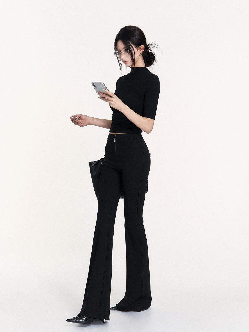 VOCK Black Cutout Mock Neck Elbow Sleeve Women's Cotton Slim T-shirts