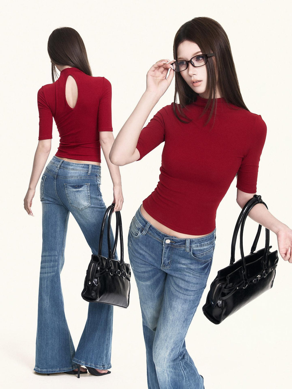 VOCK Black Cutout Mock Neck Elbow Sleeve Women's Cotton Slim T-shirts