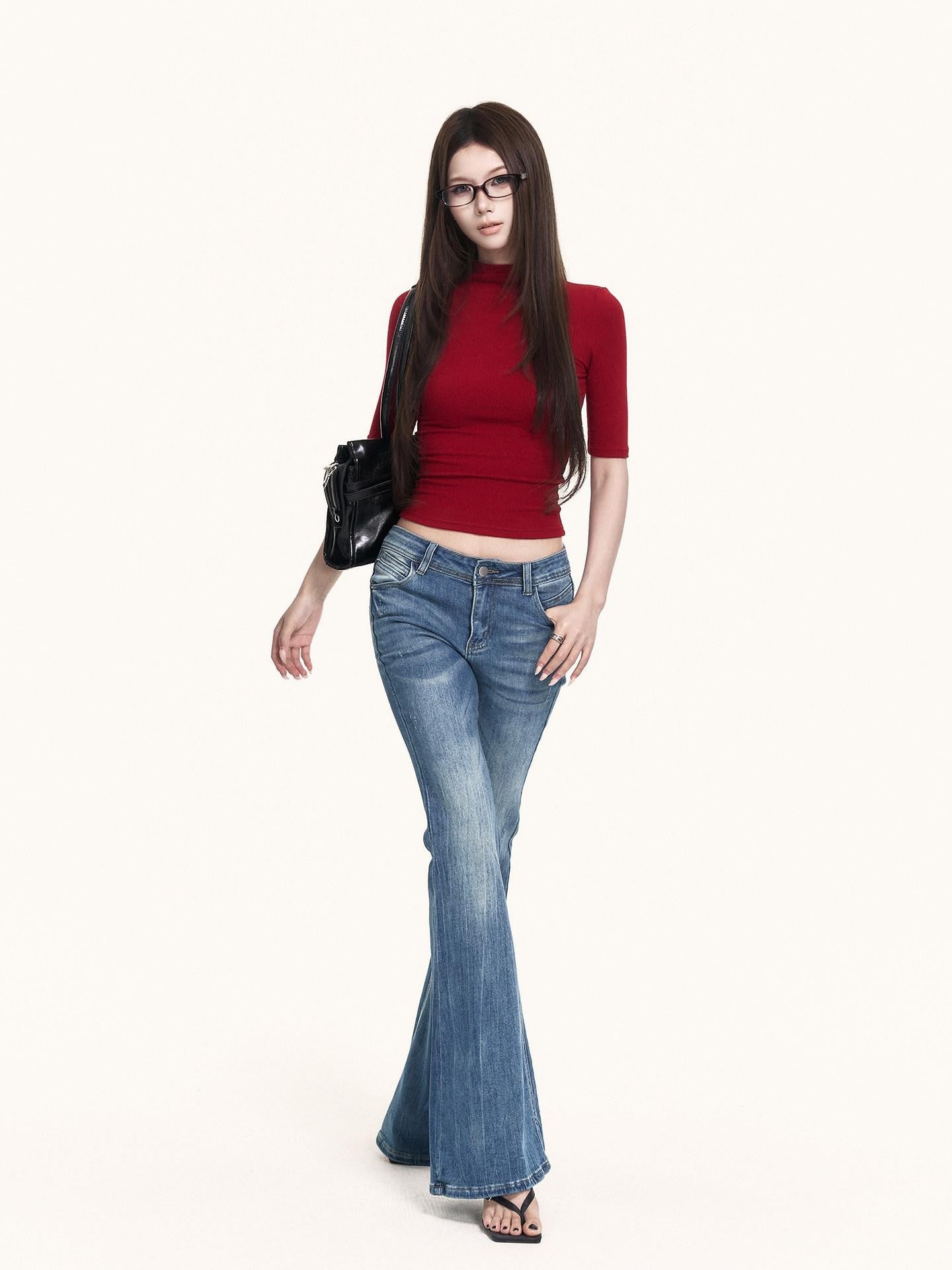 VOCK Black Cutout Mock Neck Elbow Sleeve Women's Cotton Slim T-shirts