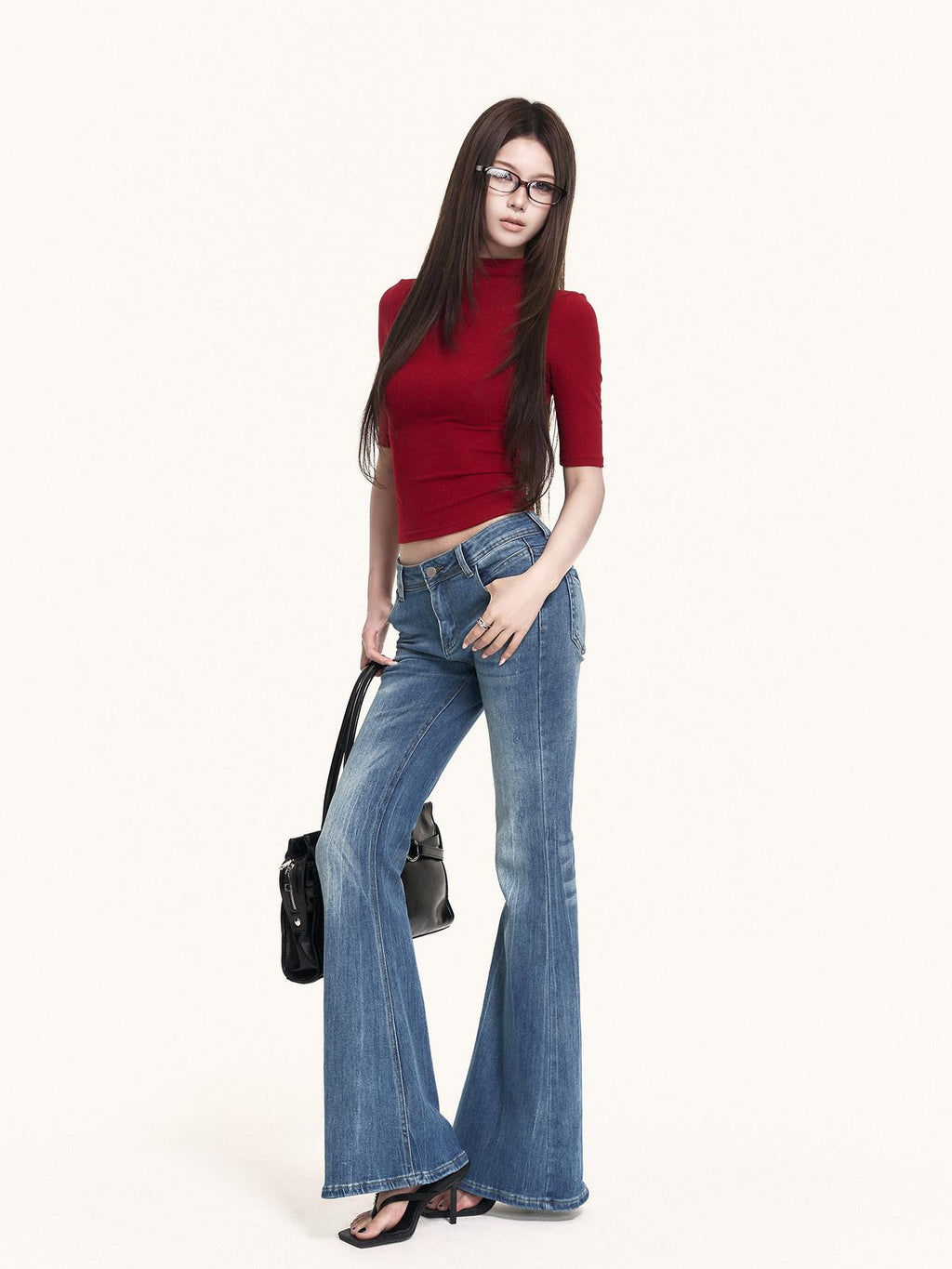 VOCK Black Cutout Mock Neck Elbow Sleeve Women's Cotton Slim T-shirts