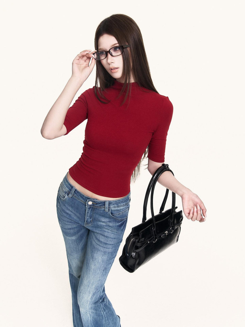 VOCK Black Cutout Mock Neck Elbow Sleeve Women's Cotton Slim T-shirts