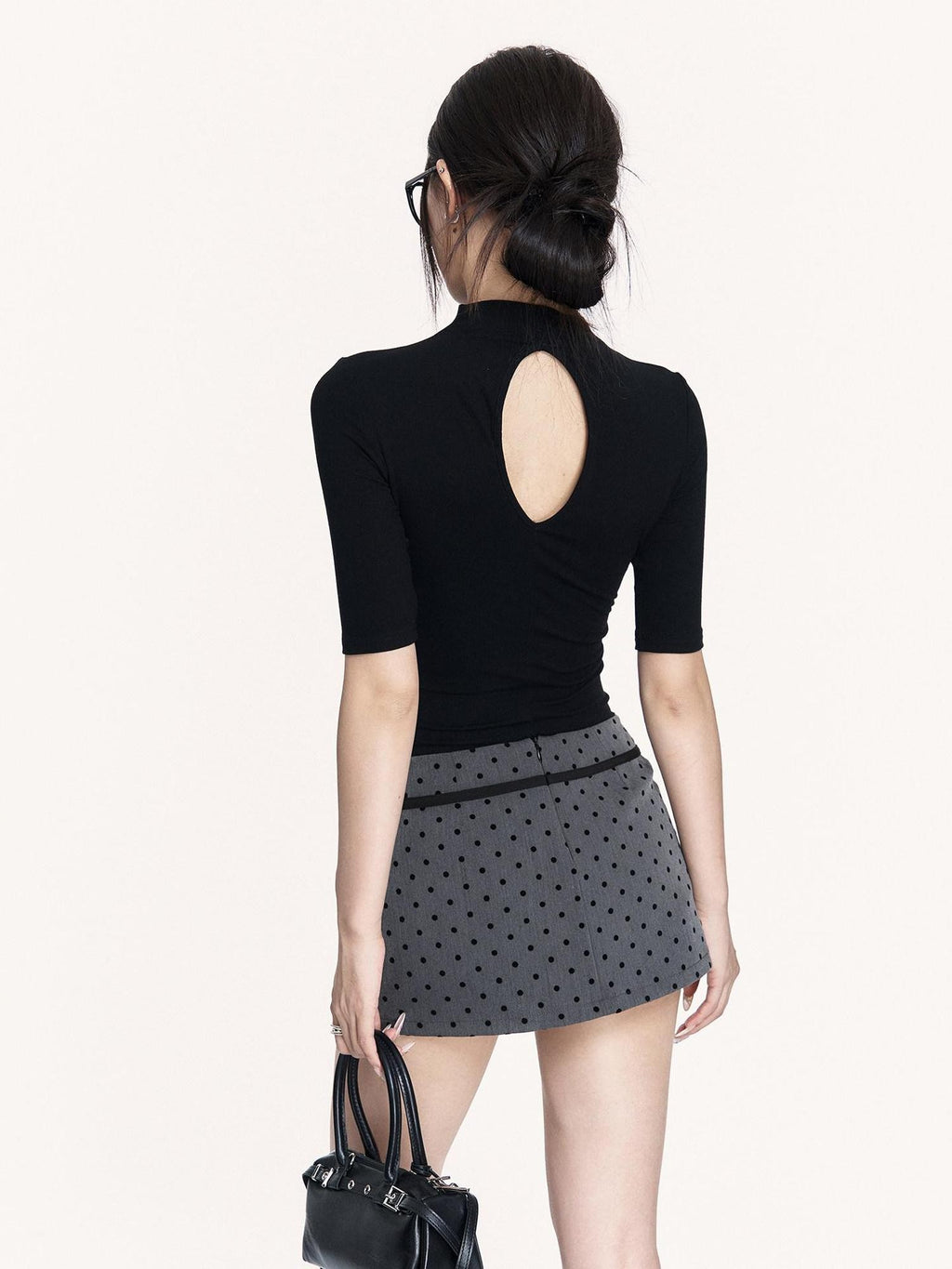 VOCK Black Cutout Mock Neck Elbow Sleeve Women's Cotton Slim T-shirts
