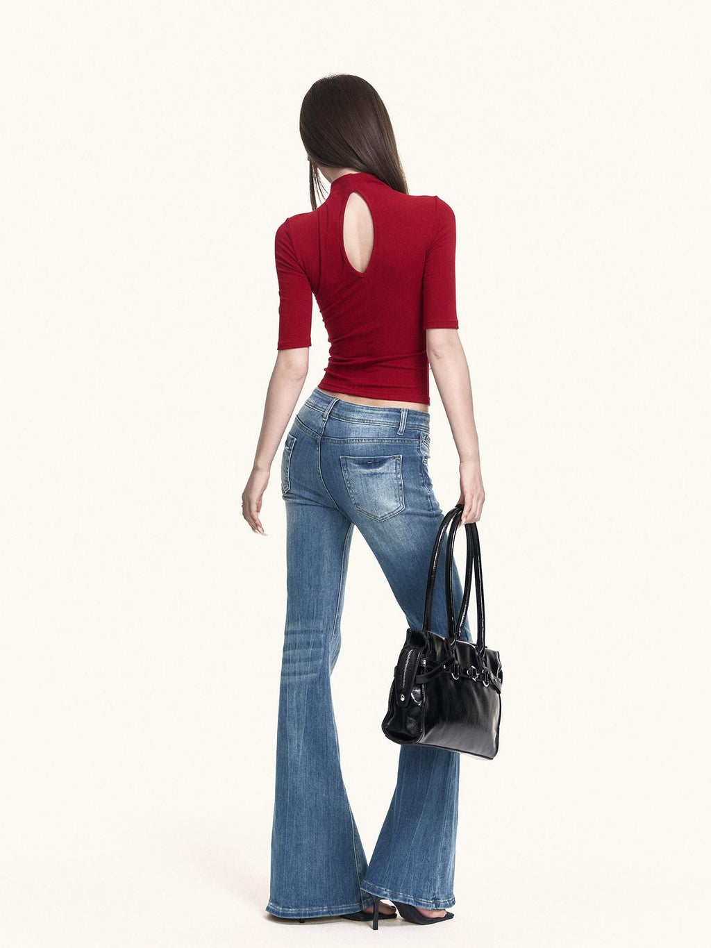 VOCK Black Cutout Mock Neck Elbow Sleeve Women's Cotton Slim T-shirts