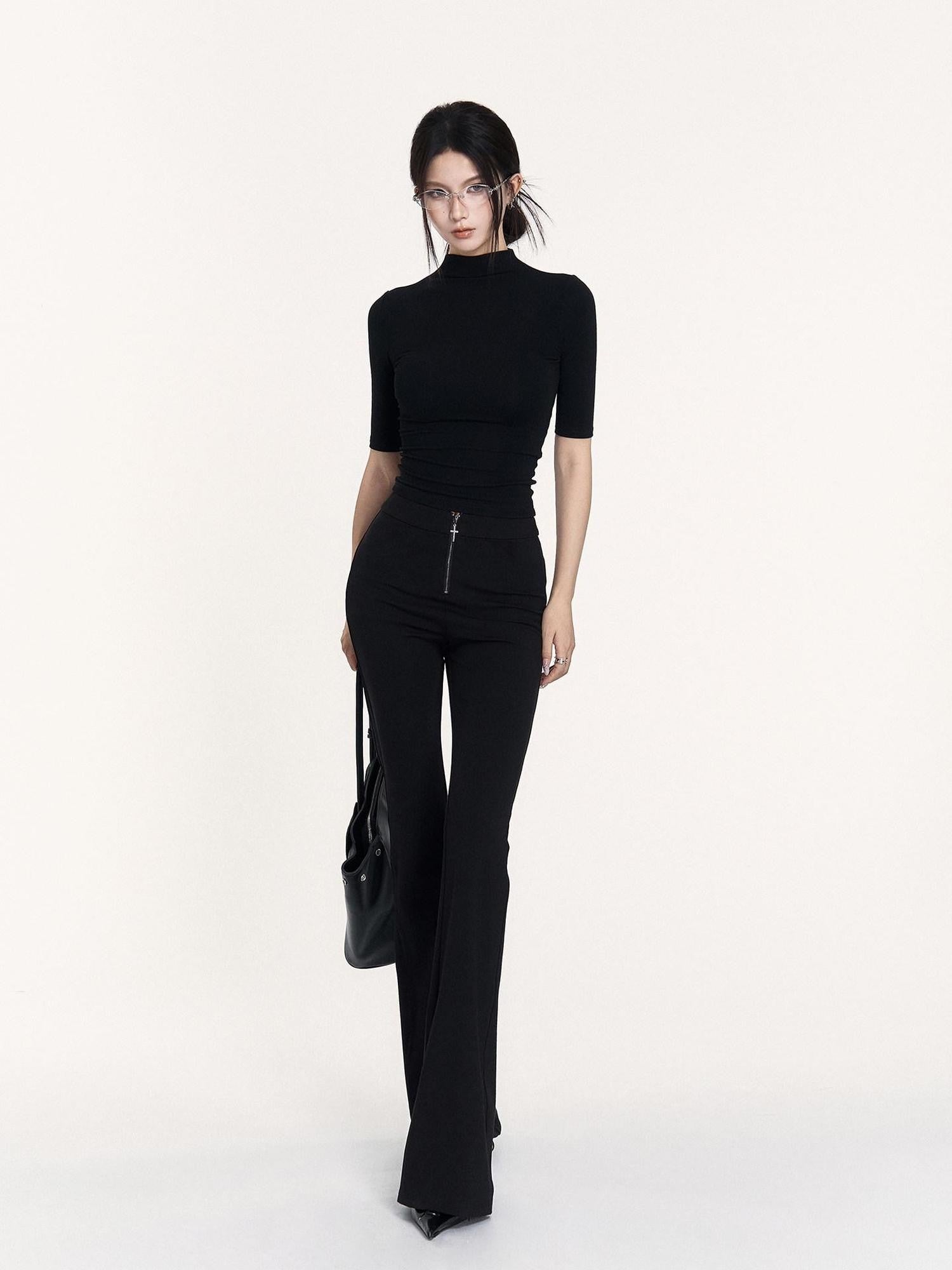 VOCK Black Cutout Mock Neck Elbow Sleeve Women's Cotton Slim T-shirts