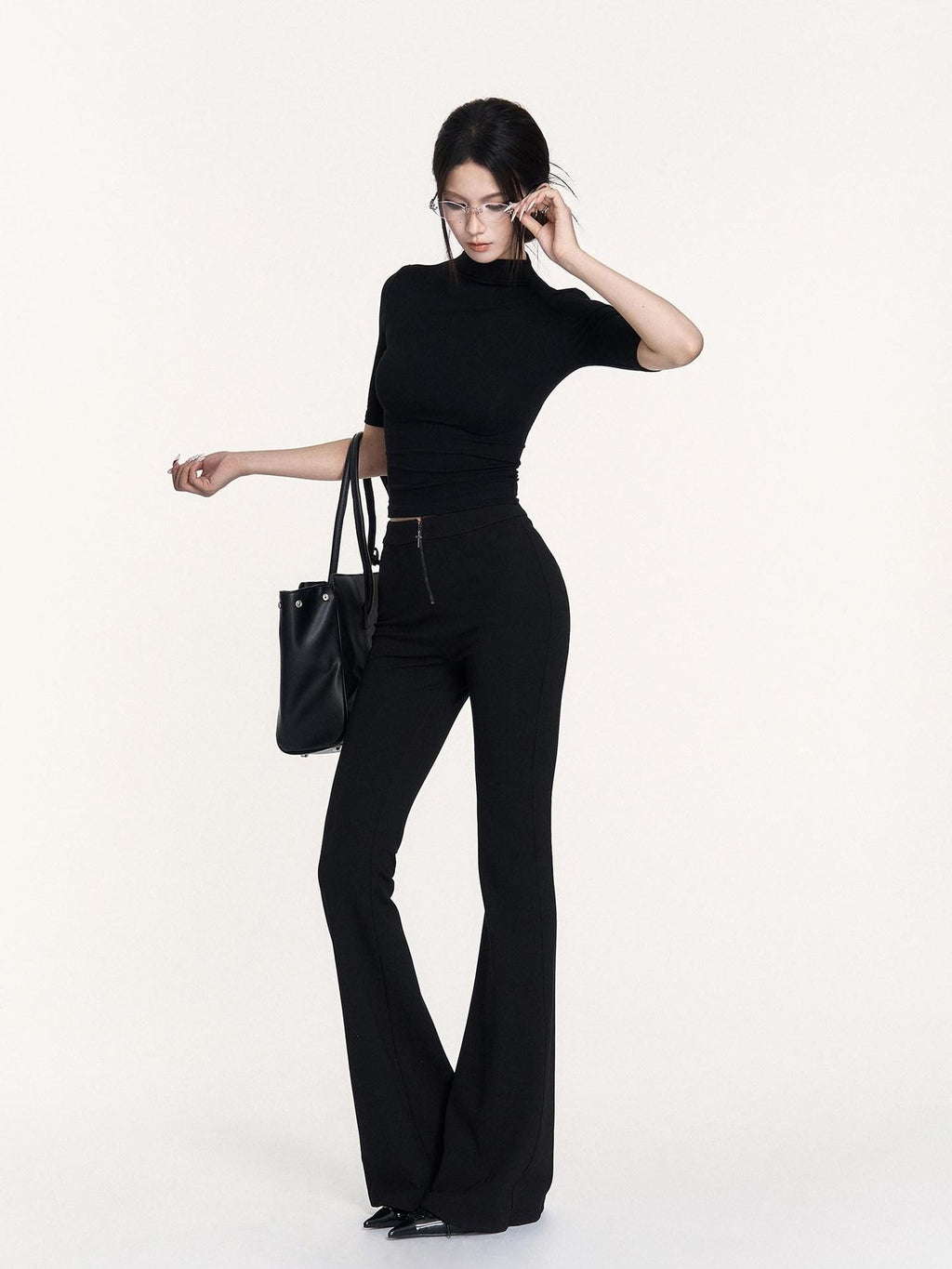 VOCK Black Cutout Mock Neck Elbow Sleeve Women's Cotton Slim T-shirts