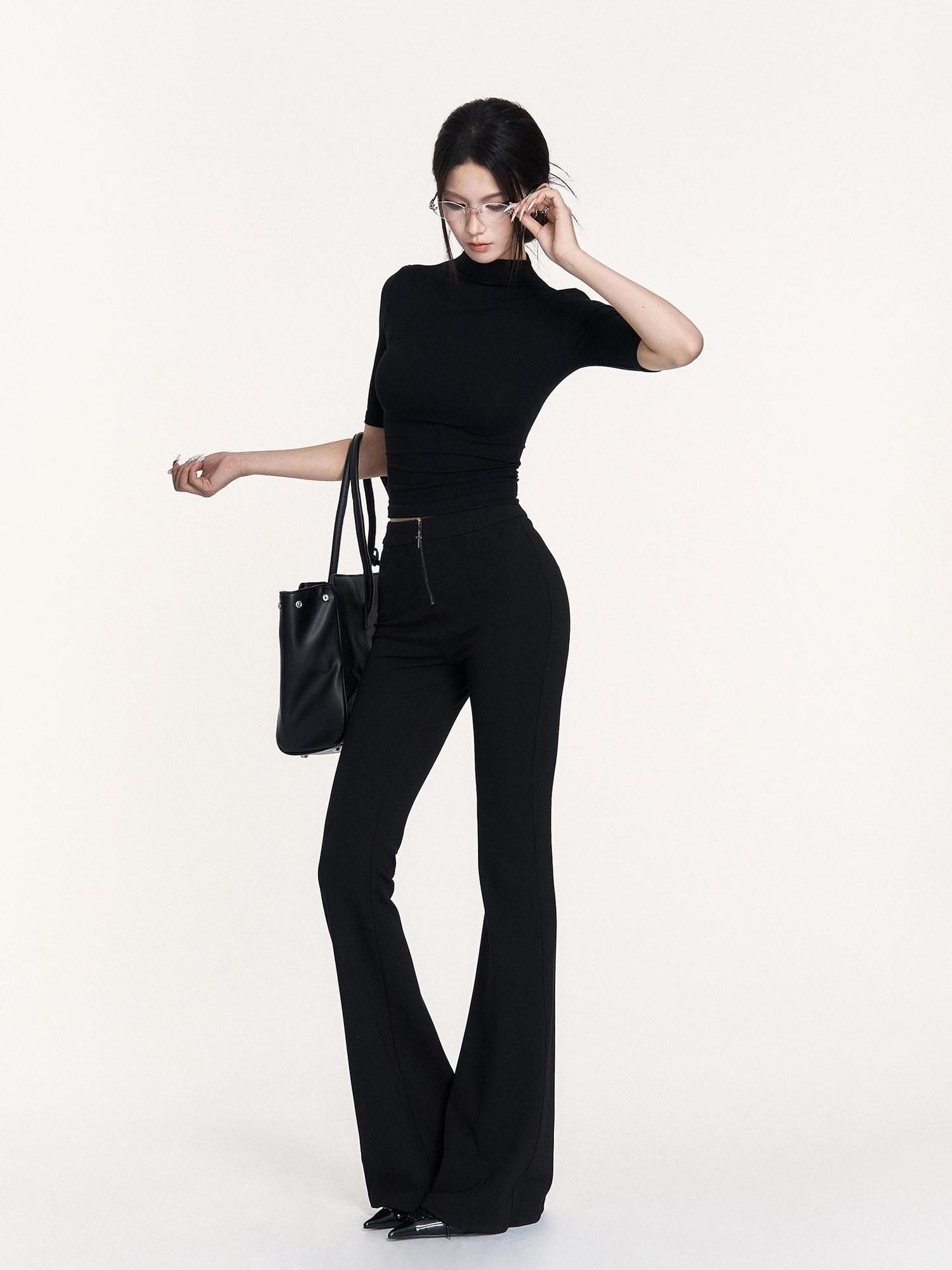 VOCK Black Cutout Mock Neck Elbow Sleeve Women's Cotton Slim T-shirts