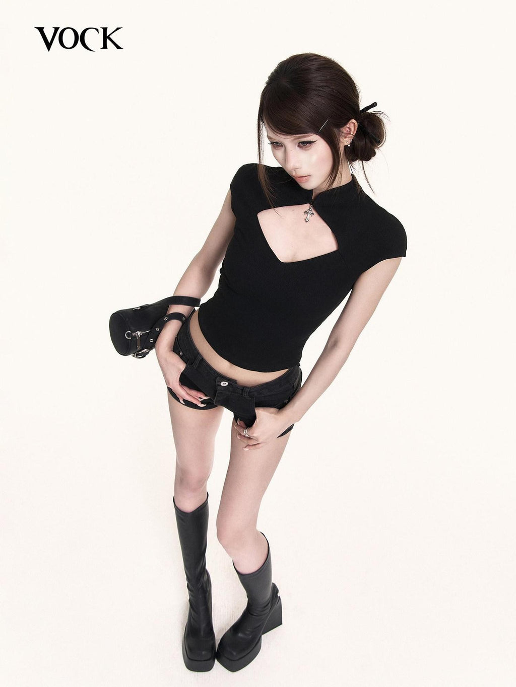 VOCK Black Cutout Stand Collar Cross Print Knit Women's Cotton Spandex Slim T-shirts
