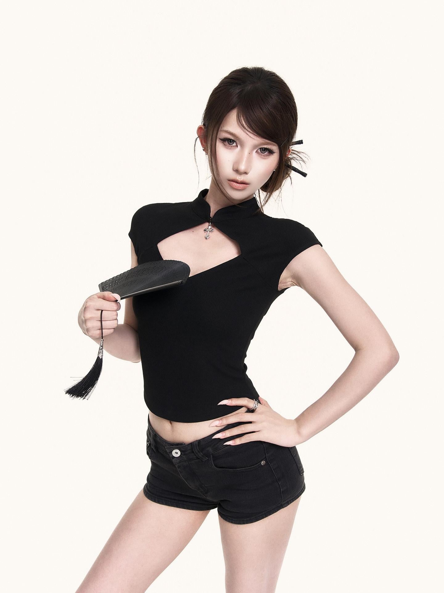 VOCK Black Cutout Stand Collar Cross Print Knit Women's Cotton Spandex Slim T-shirts