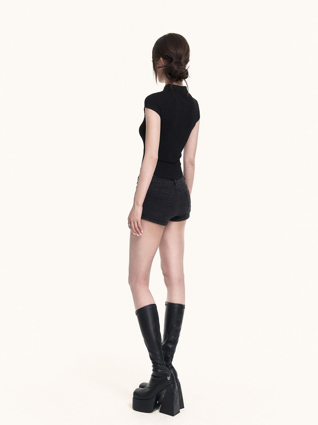 VOCK Black Cutout Stand Collar Cross Print Knit Women's Cotton Spandex Slim T-shirts