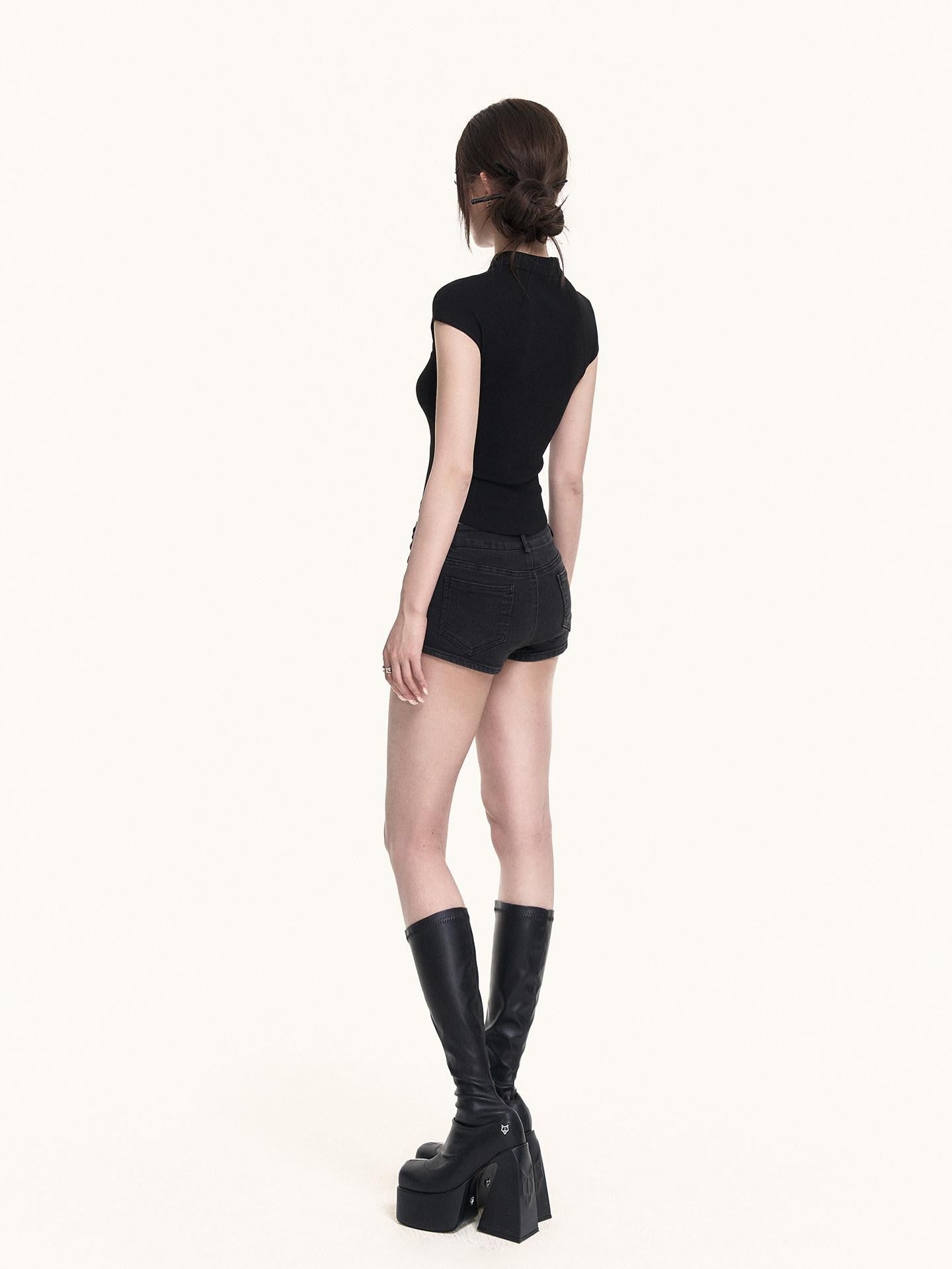 VOCK Black Cutout Stand Collar Cross Print Knit Women's Cotton Spandex Slim T-shirts