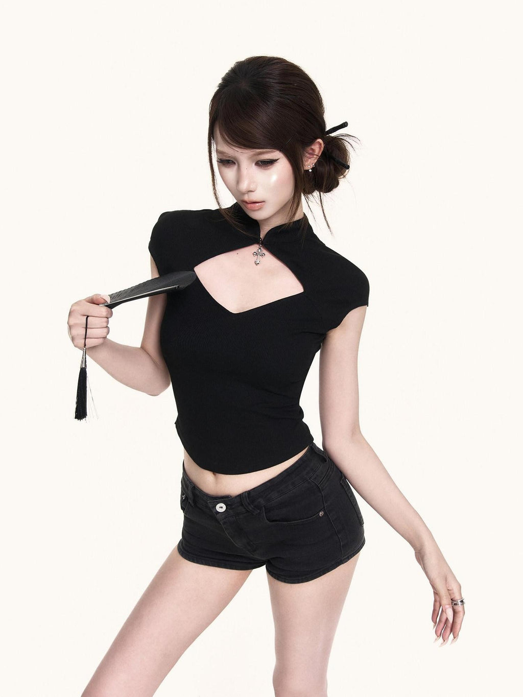 VOCK Black Cutout Stand Collar Cross Print Knit Women's Cotton Spandex Slim T-shirts