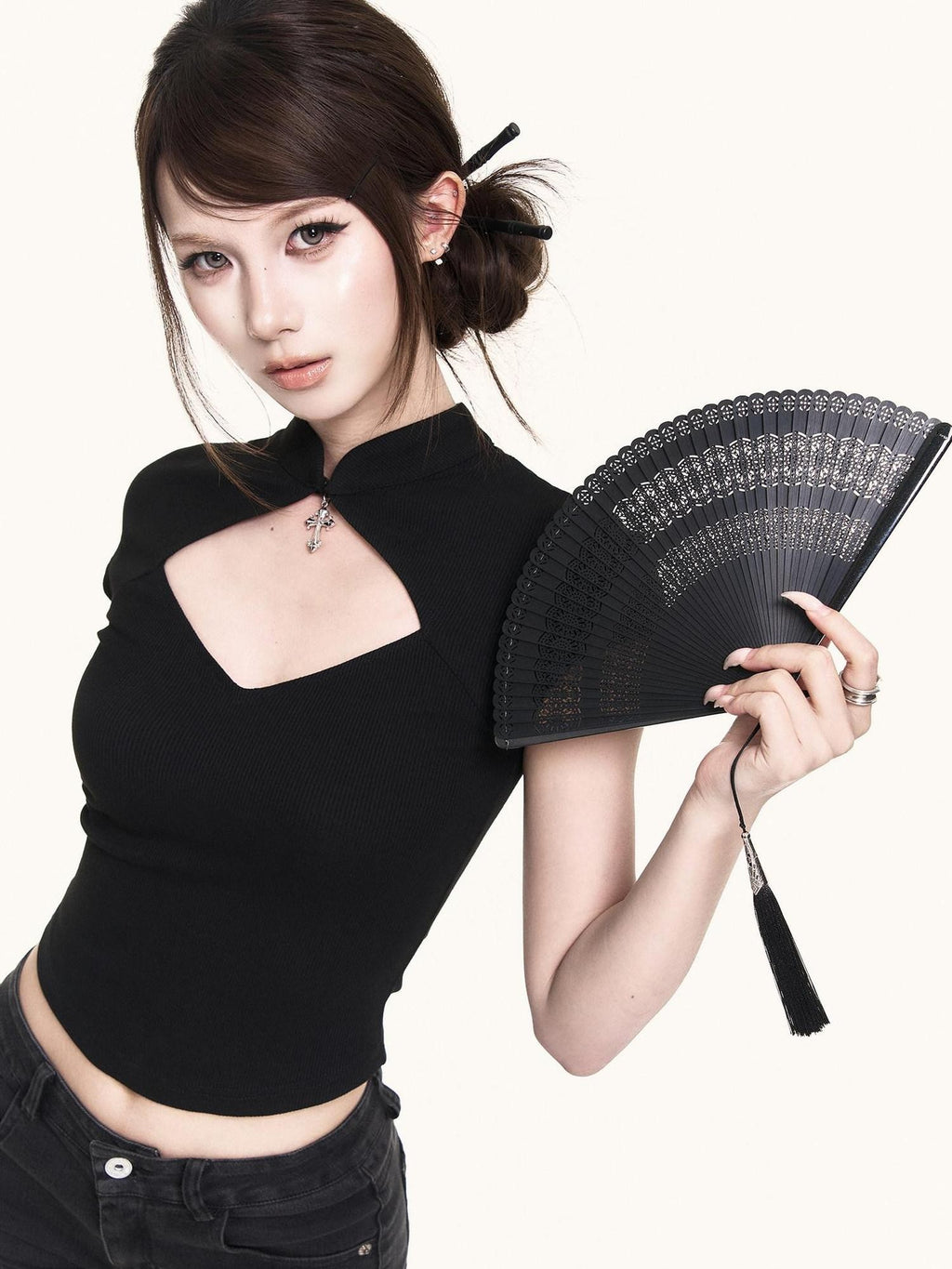 VOCK Black Cutout Stand Collar Cross Print Knit Women's Cotton Spandex Slim T-shirts