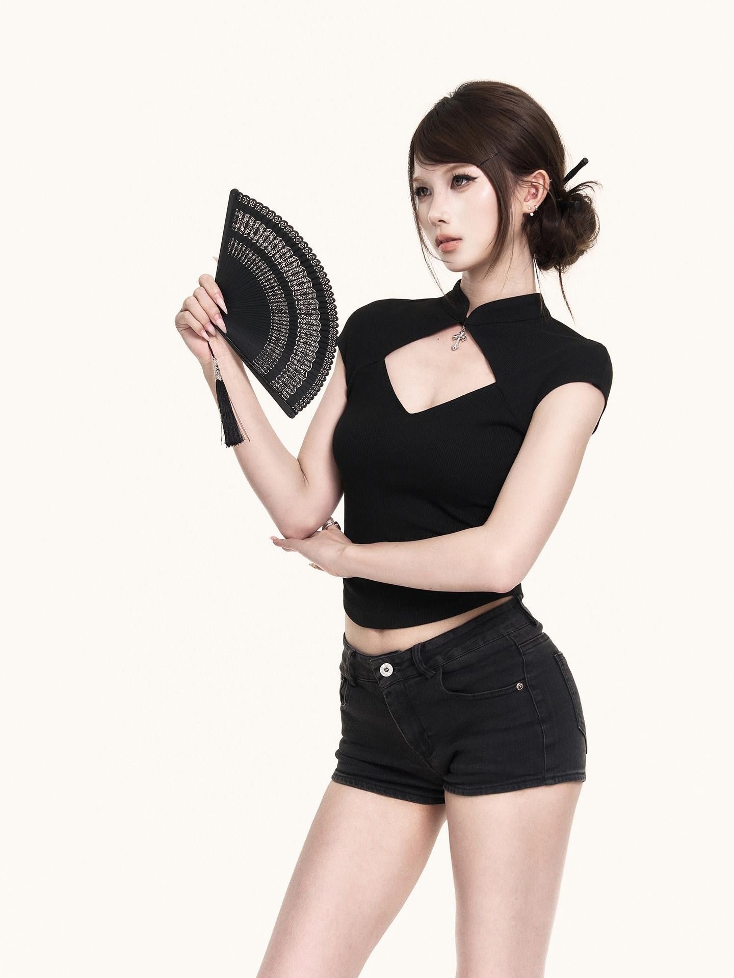 VOCK Black Cutout Stand Collar Cross Print Knit Women's Cotton Spandex Slim T-shirts