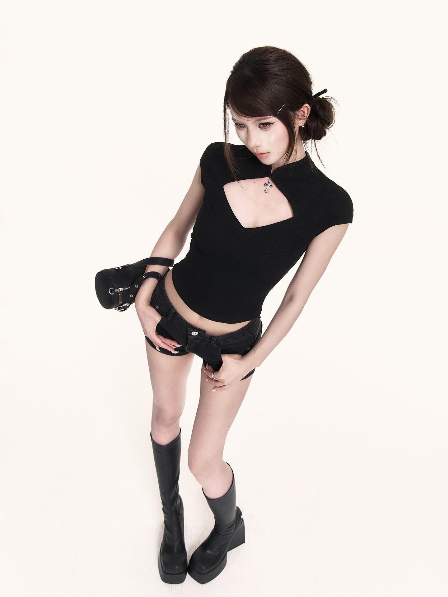 VOCK Black Cutout Stand Collar Cross Print Knit Women's Cotton Spandex Slim T-shirts