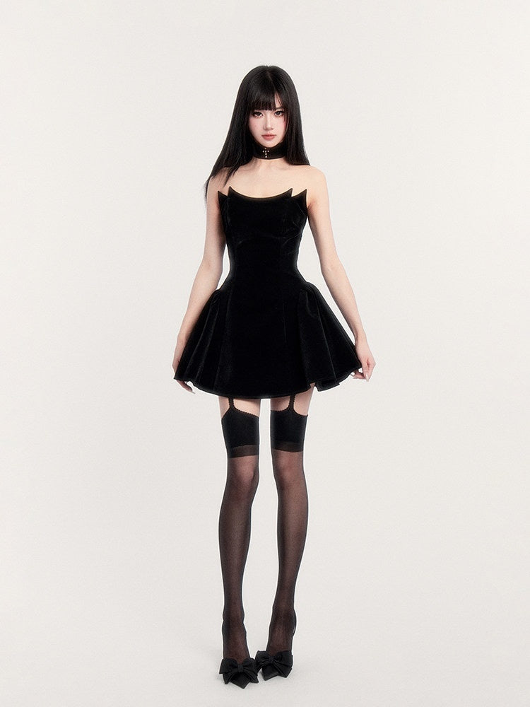 VOCK_Black_Fishbone_Boned_Puffed_Waist_Women's_Velvet_Tube_Mini_Dresses_839661894275_MISSTT
