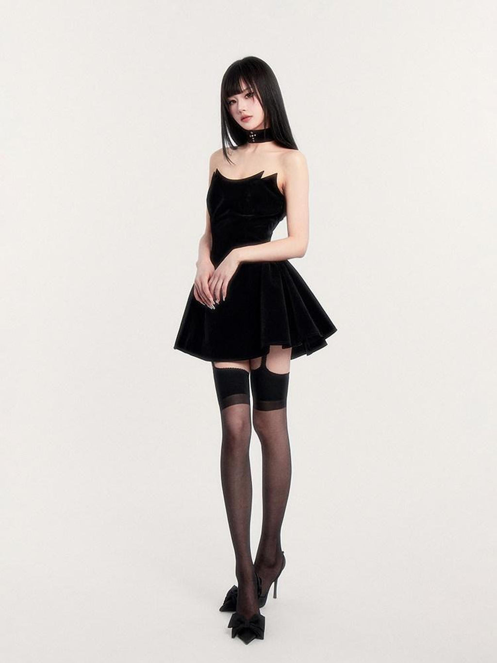 VOCK Black Fishbone Boned Puffed Waist Women's Velvet Tube Mini Dresses