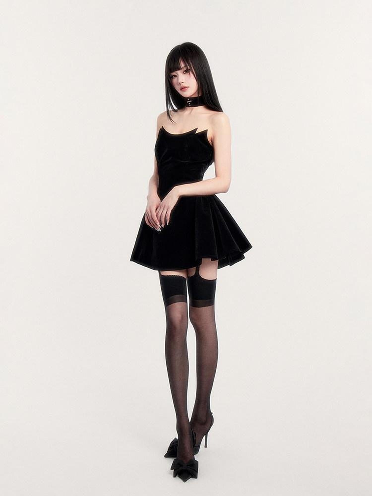 VOCK Black Fishbone Boned Puffed Waist Women's Velvet Tube Mini Dresses