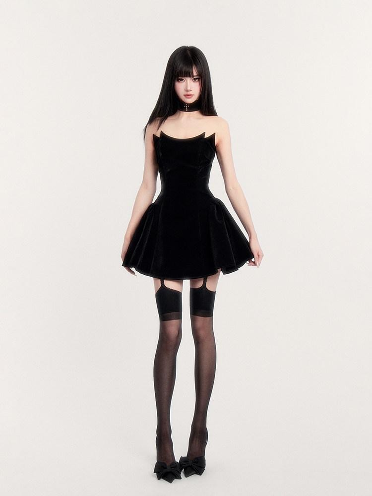 VOCK Black Fishbone Boned Puffed Waist Women's Velvet Tube Mini Dresses
