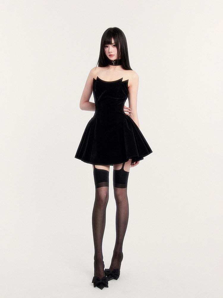 VOCK Black Fishbone Boned Puffed Waist Women's Velvet Tube Mini Dresses