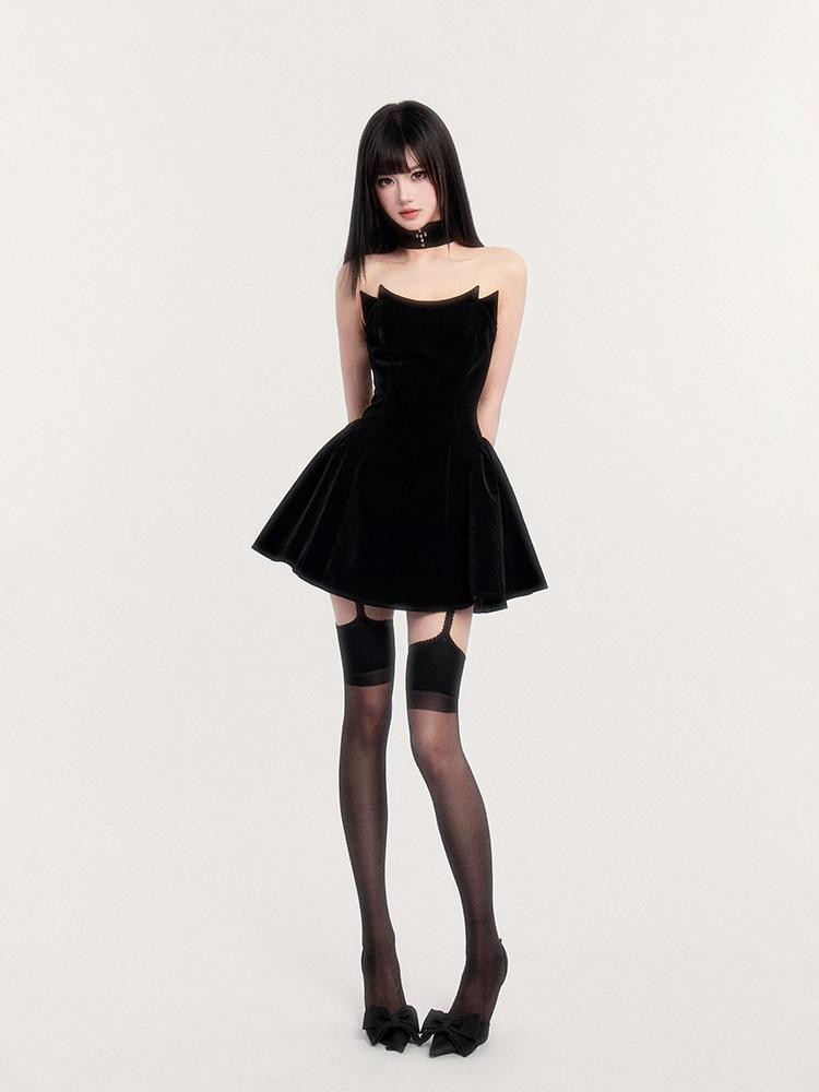 VOCK Black Fishbone Boned Puffed Waist Women's Velvet Tube Mini Dresses