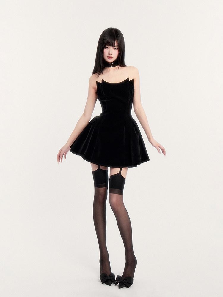 VOCK Black Fishbone Boned Puffed Waist Women's Velvet Tube Mini Dresses