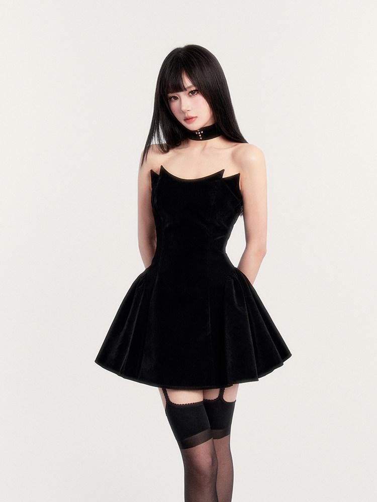 VOCK Black Fishbone Boned Puffed Waist Women's Velvet Tube Mini Dresses