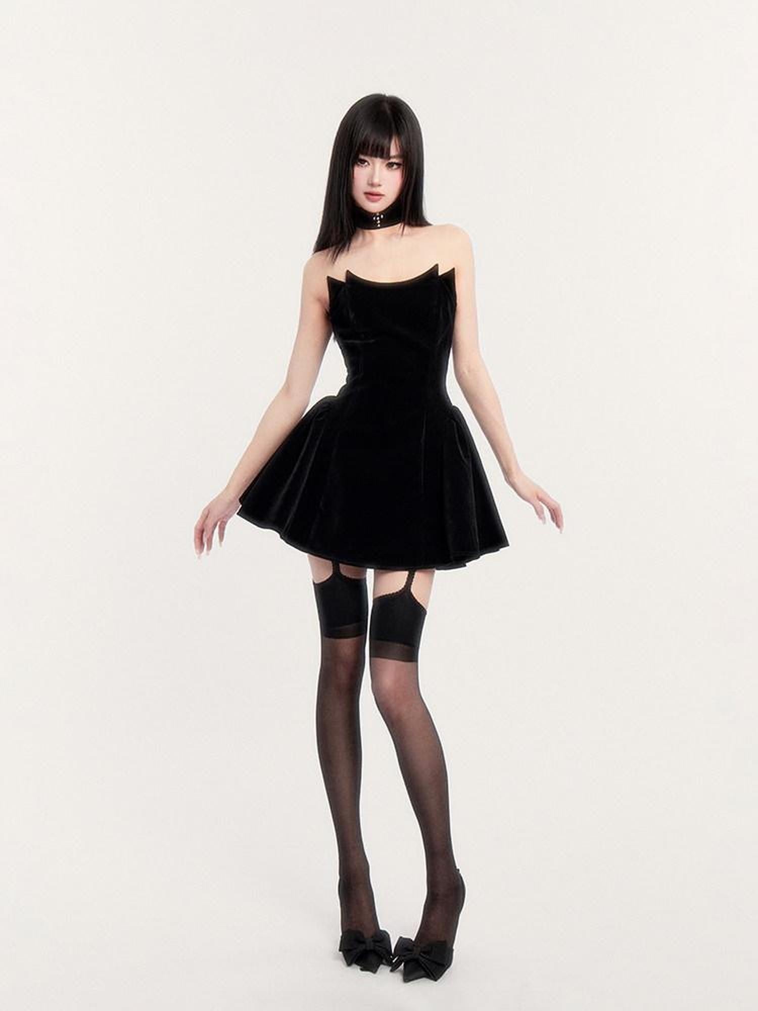VOCK Black Fishbone Boned Puffed Waist Women's Velvet Tube Mini Dresses