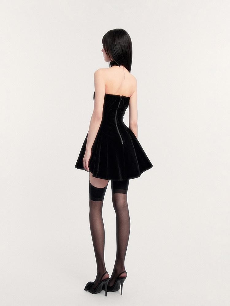 VOCK Black Fishbone Boned Puffed Waist Women's Velvet Tube Mini Dresses