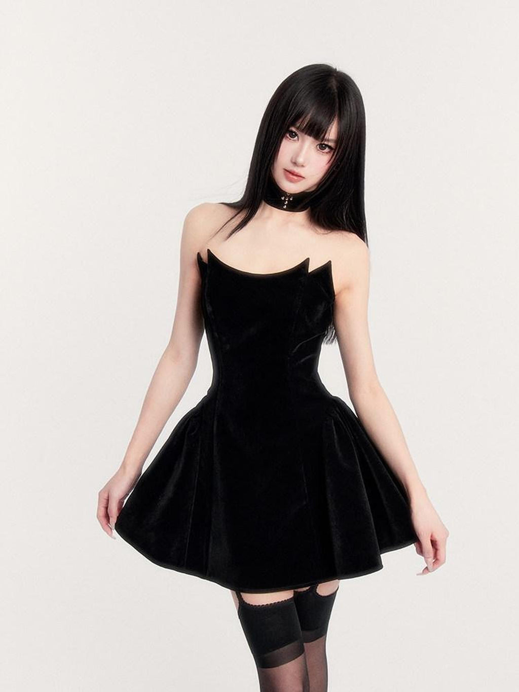 VOCK Black Fishbone Boned Puffed Waist Women's Velvet Tube Mini Dresses