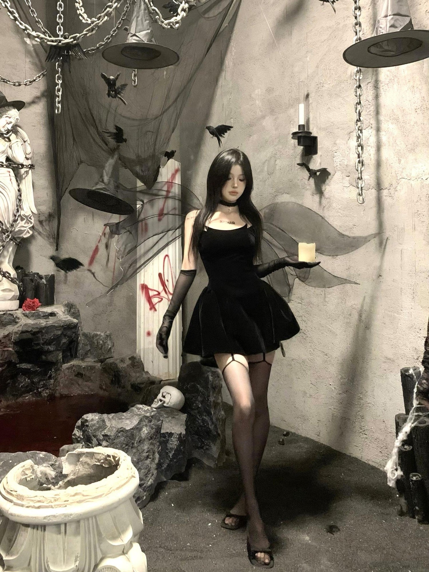 VOCK Black Fishbone Boned Puffed Waist Women's Velvet Tube Mini Dresses