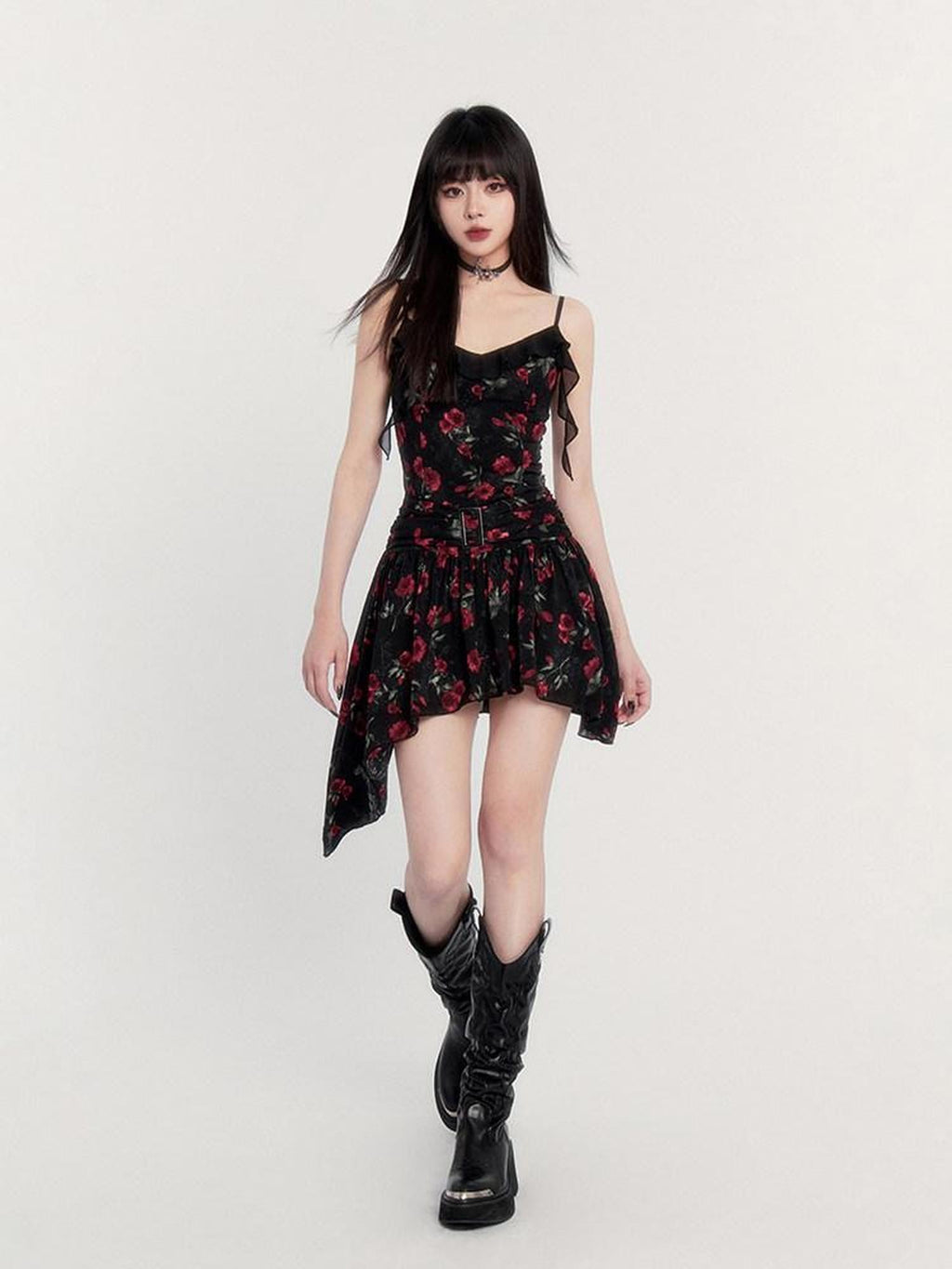 VOCK Black Floral Ruffle Asymmetric High Waist Women's Slip Mini Dresses