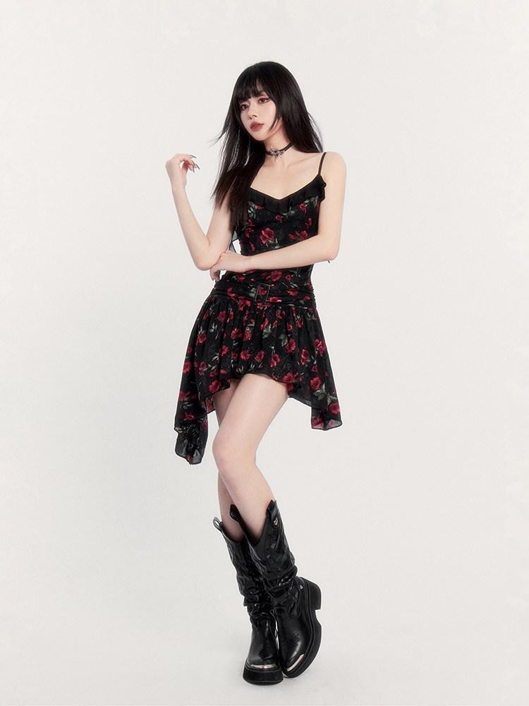 VOCK Black Floral Ruffle Asymmetric High Waist Women's Slip Mini Dresses