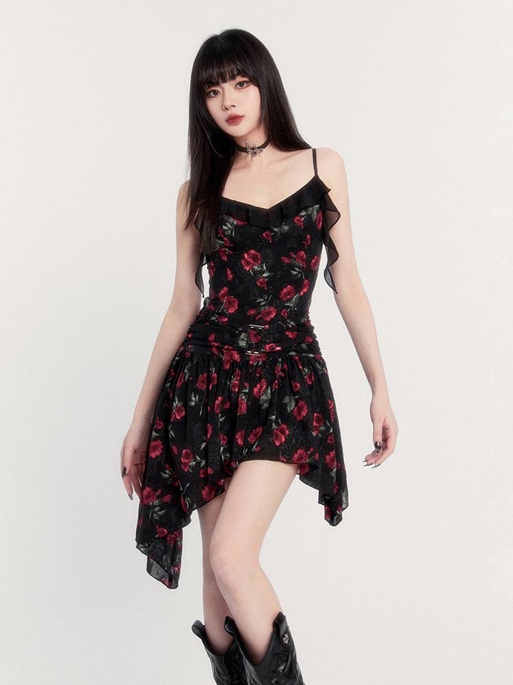 VOCK Black Floral Ruffle Asymmetric High Waist Women's Slip Mini Dresses