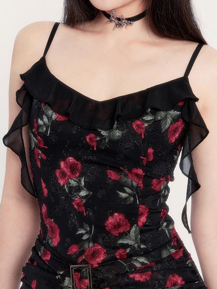 VOCK Black Floral Ruffle Asymmetric High Waist Women's Slip Mini Dresses