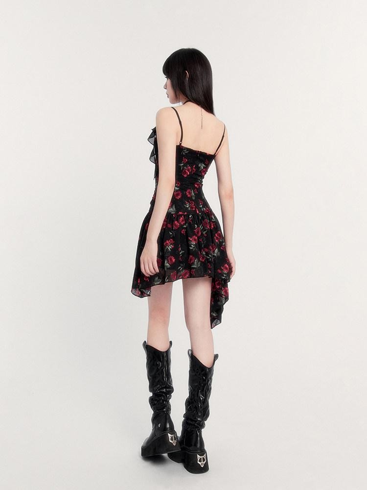 VOCK Black Floral Ruffle Asymmetric High Waist Women's Slip Mini Dresses