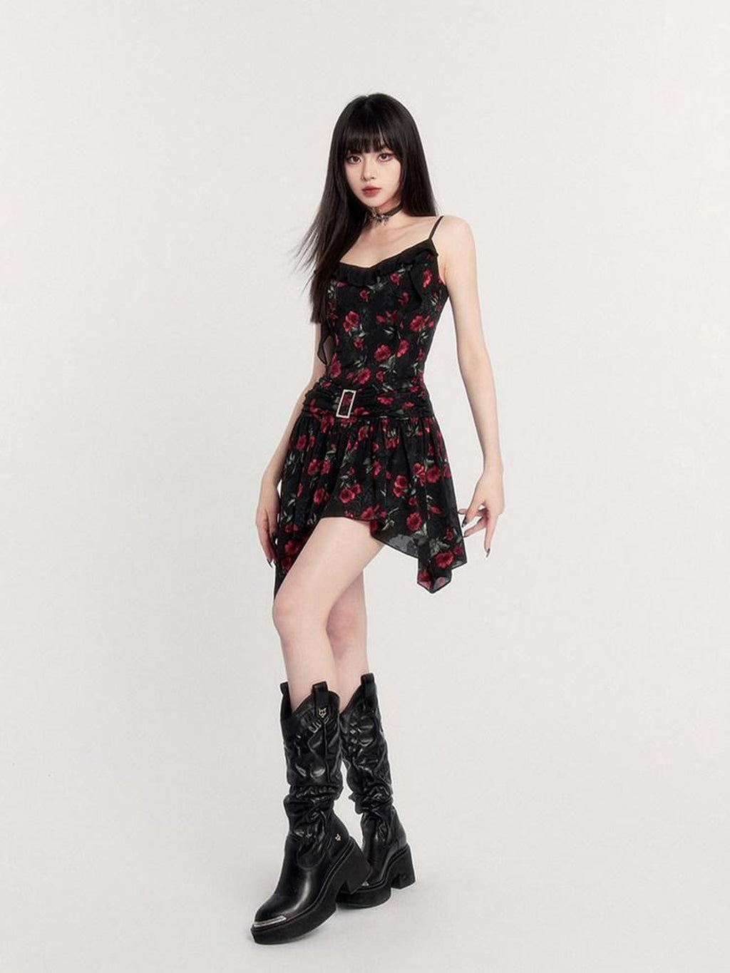 VOCK Black Floral Ruffle Asymmetric High Waist Women's Slip Mini Dresses