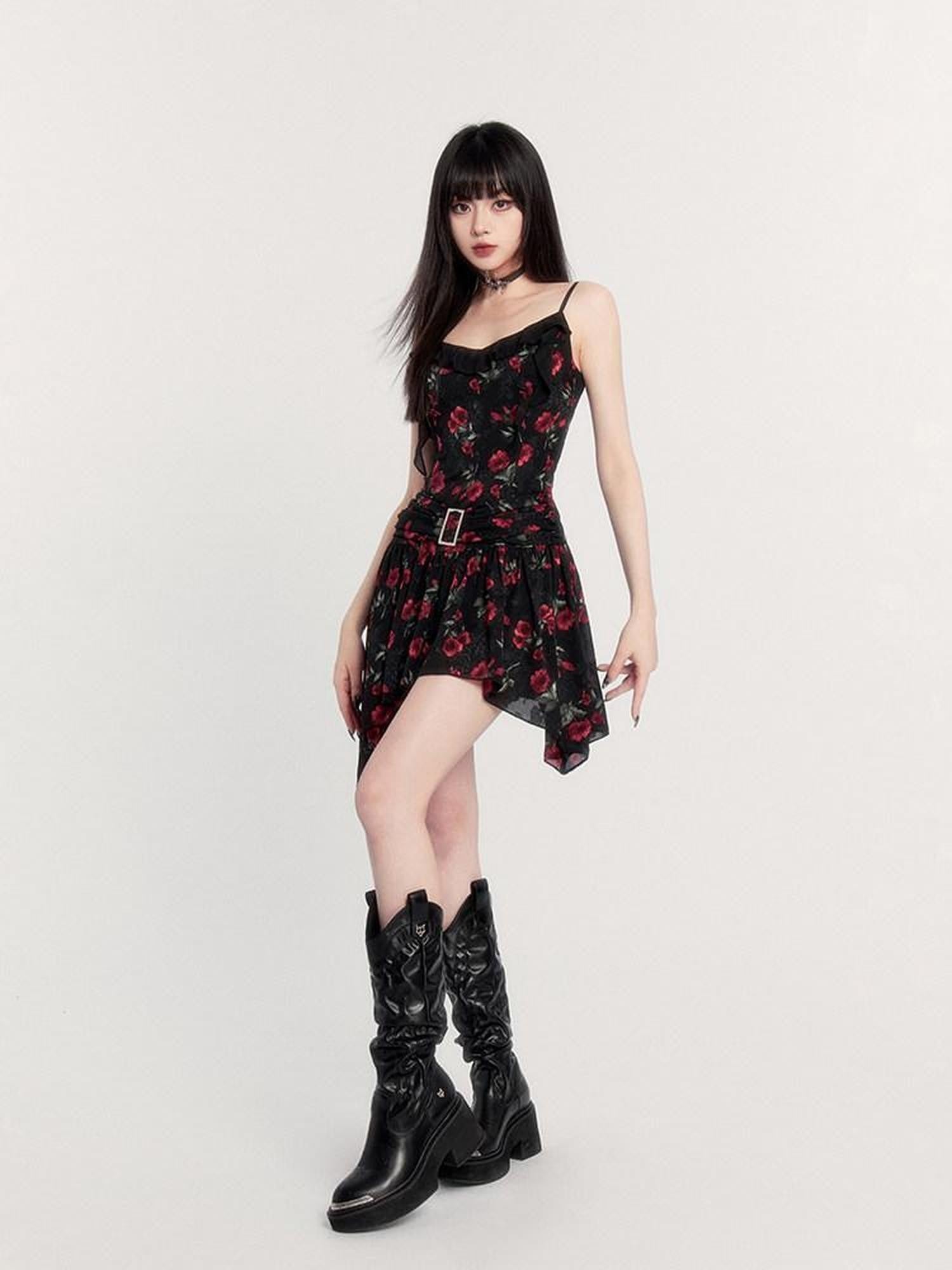 VOCK Black Floral Ruffle Asymmetric High Waist Women's Slip Mini Dresses