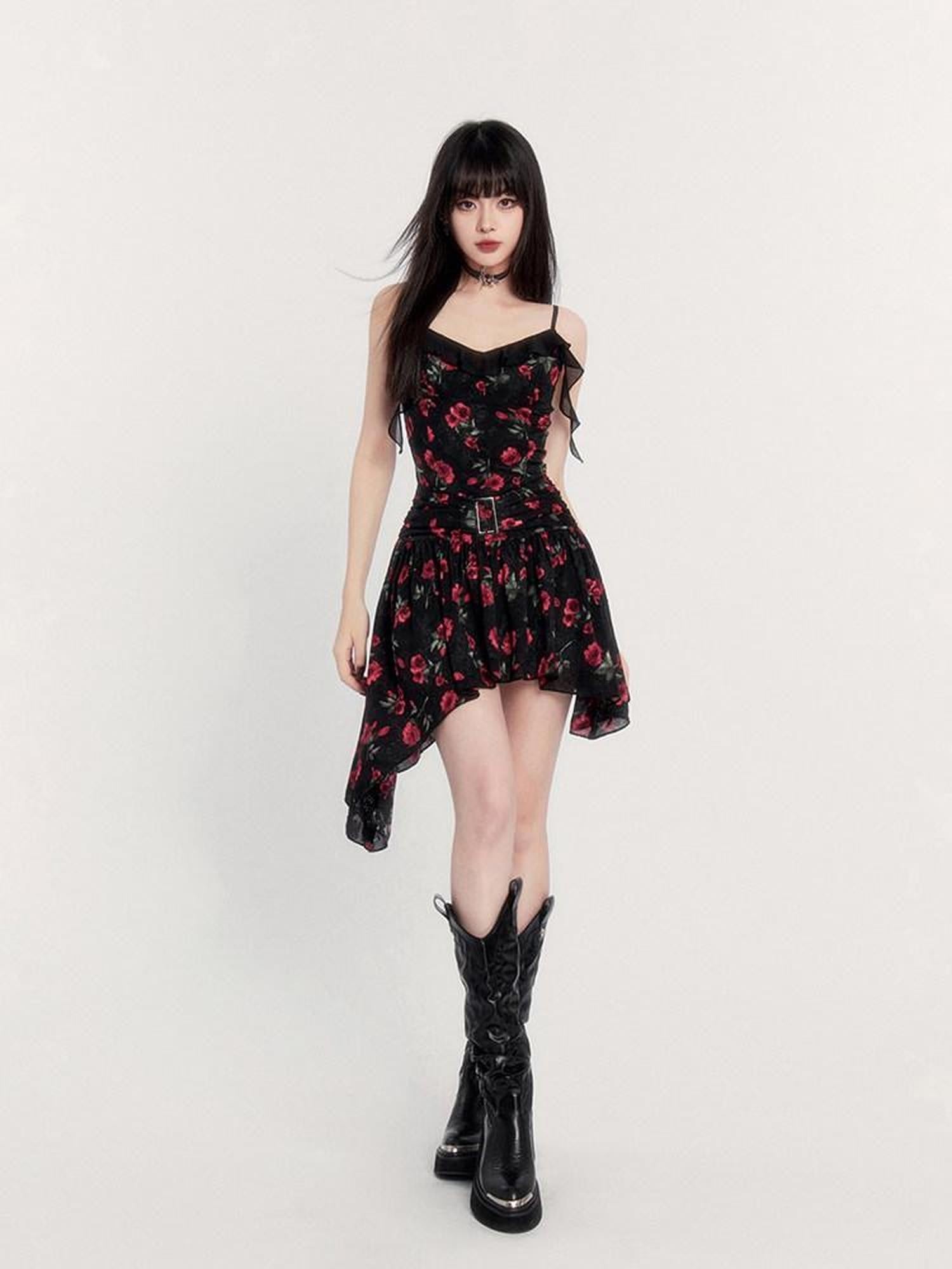 VOCK Black Floral Ruffle Asymmetric High Waist Women's Slip Mini Dresses