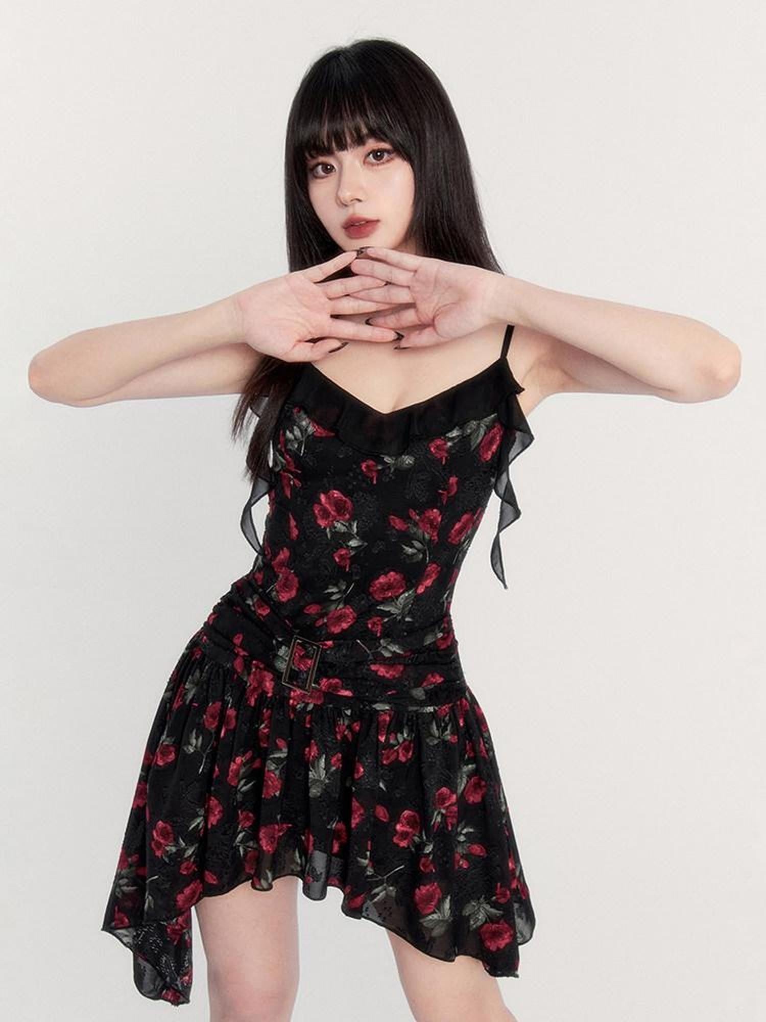 VOCK Black Floral Ruffle Asymmetric High Waist Women's Slip Mini Dresses
