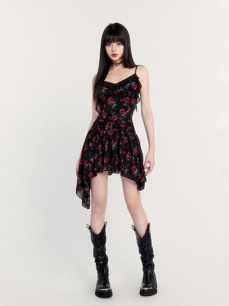 VOCK Black Floral Ruffle Asymmetric High Waist Women's Slip Mini Dresses