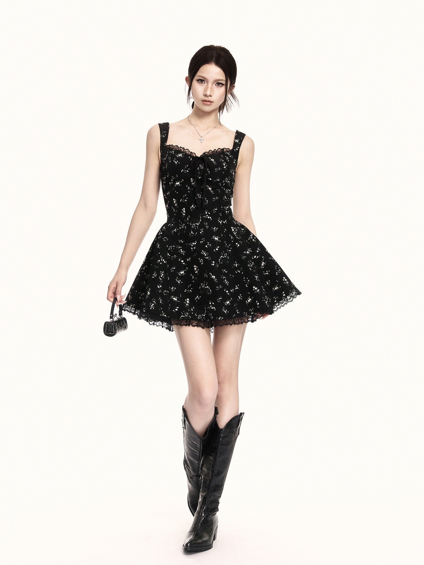 VOCK_Black_Floral_Square_Neck_Lace_Puff_A_Line_Women's_Polyester_Slip_Mini_Dresses_1033271745245_MISSTT