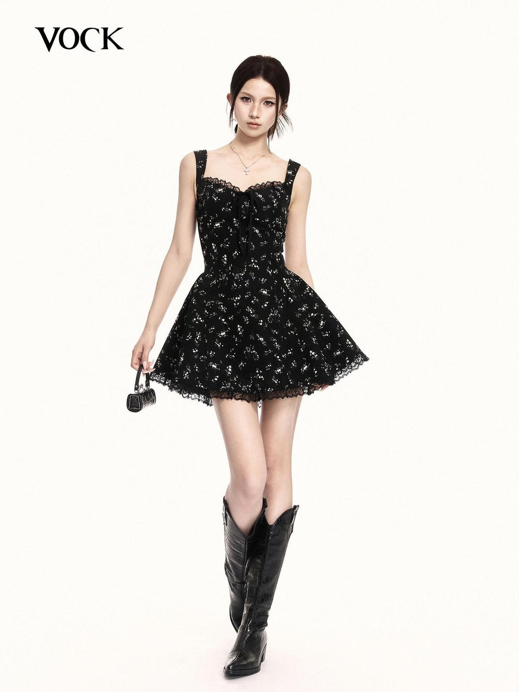 VOCK Black Floral Square Neck Lace Puff A Line Women's Polyester Slip Mini Dresses