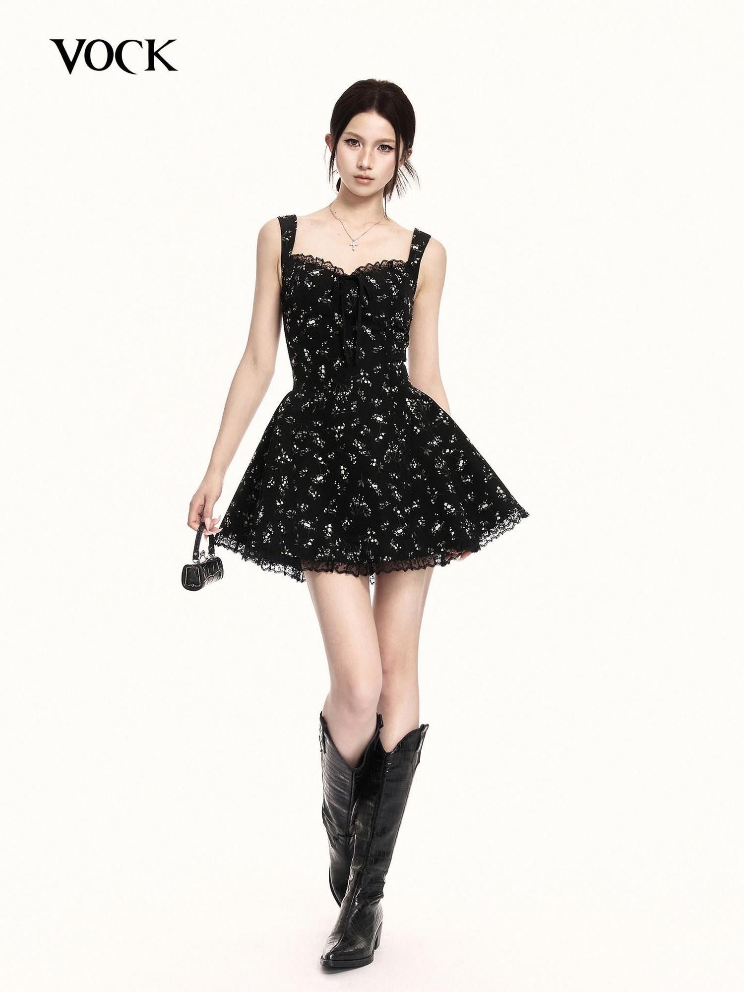 VOCK Black Floral Square Neck Lace Puff A Line Women's Polyester Slip Mini Dresses